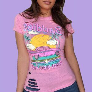 Baddies Pink Distressed Baby Tee – Y2K Vibes